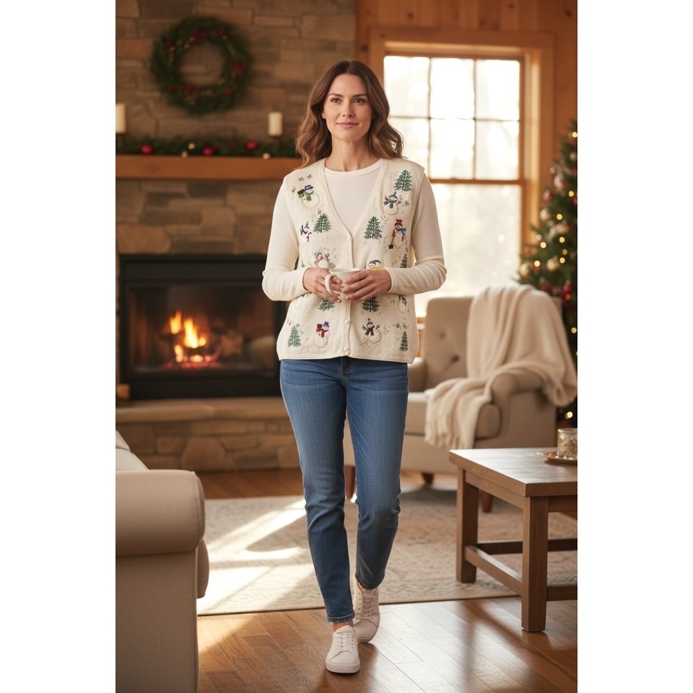 Designers Originals Studio Snowman Christmas Vest L Cream‎ Embroidered Holiday